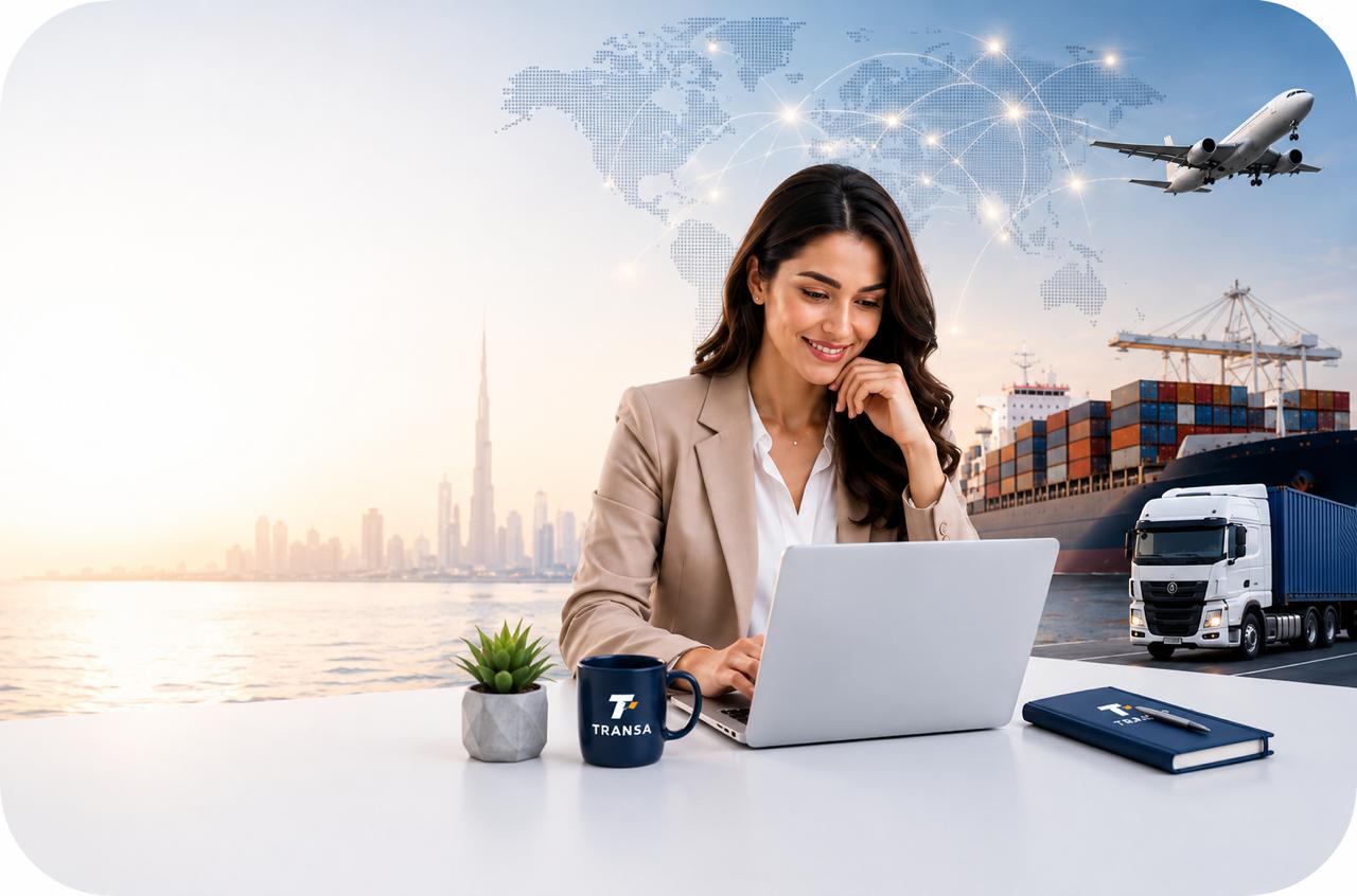Business professional using Transa with global logistics operations in the background